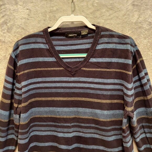 Claiborne Sweater Mens Large Blue Striped V-Neck Pullover career retro hipster - Picture 6 of 13